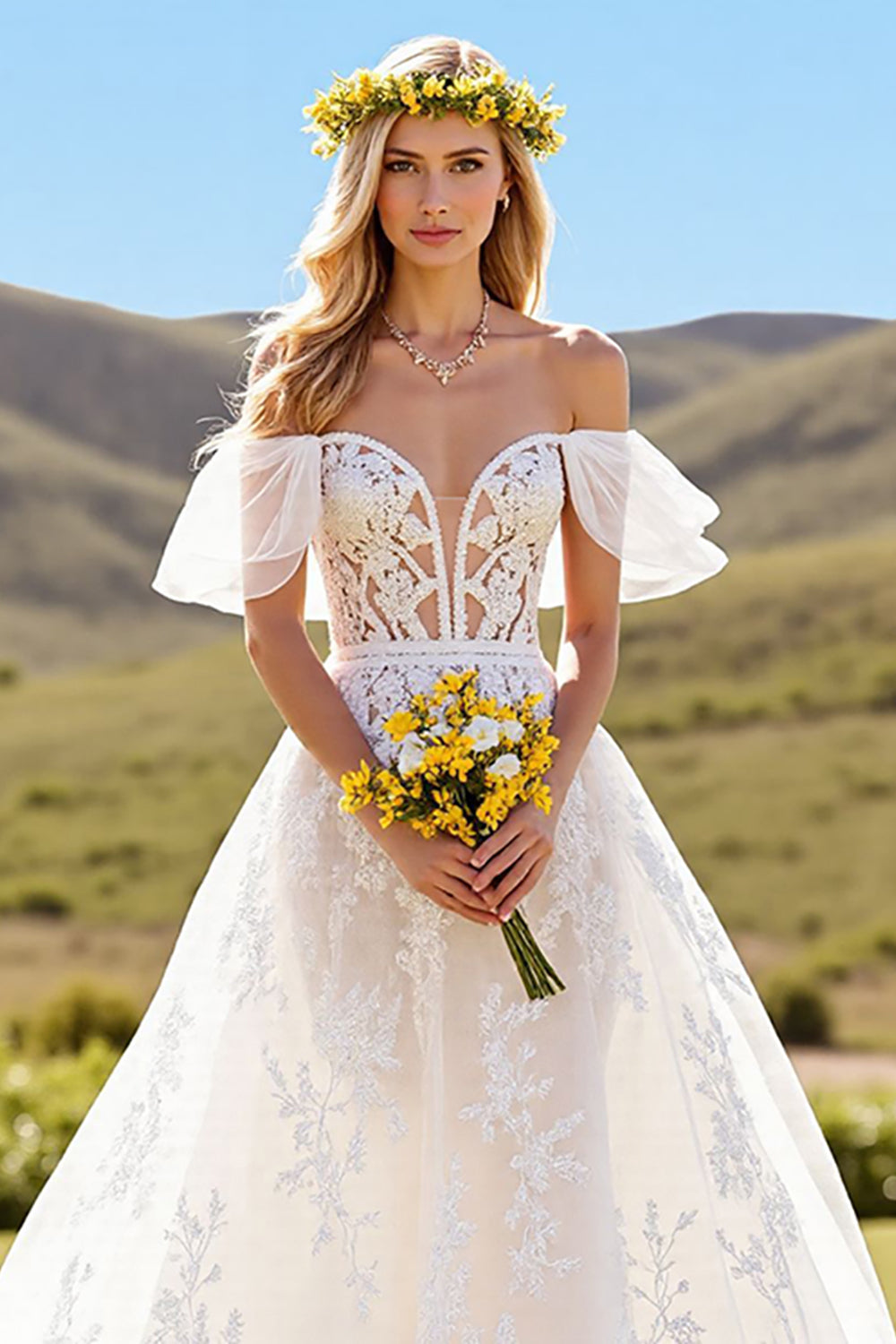 Sweetheart Off-the-Shoulder Tulle Bridal Dresses A-Line Long With Lace Appliques Open Back