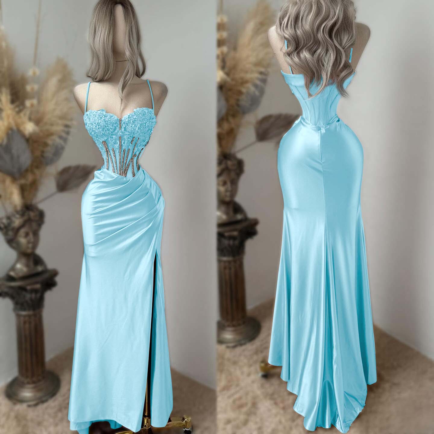 Sweetheart Spaghetti Straps Sleeveless Long Pleated Mermaid Prom Dress With Split And Rhinstone