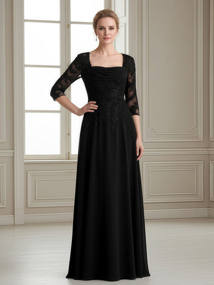 Square Neck A-Line Gown with Embroidered Lace Sleeves Black