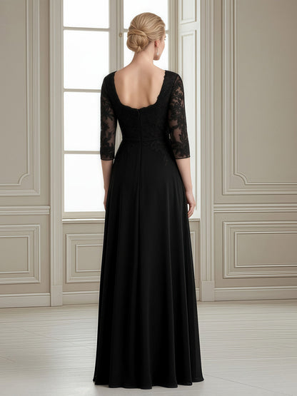 Square Neck A-Line Gown with Embroidered Lace Sleeves Black