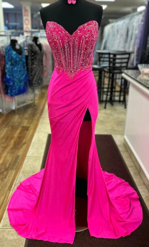 Royal Blue Strapless Beaded Long Prom Dress with Slit