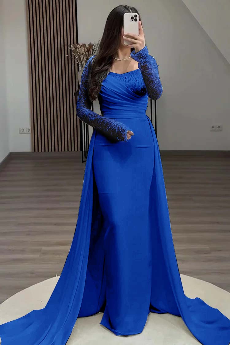Square Neck Long Sleeves High Waist Long Pleated Mermaid Prom Dress With Beadings And Ruffles