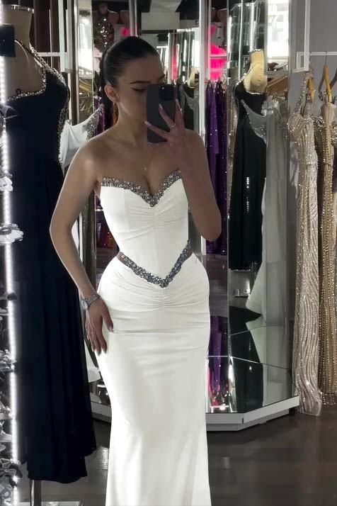 Spandex V-Neck Strapless Sleeveless Long Mermaid Prom Dress With Pleated And Rhinstone