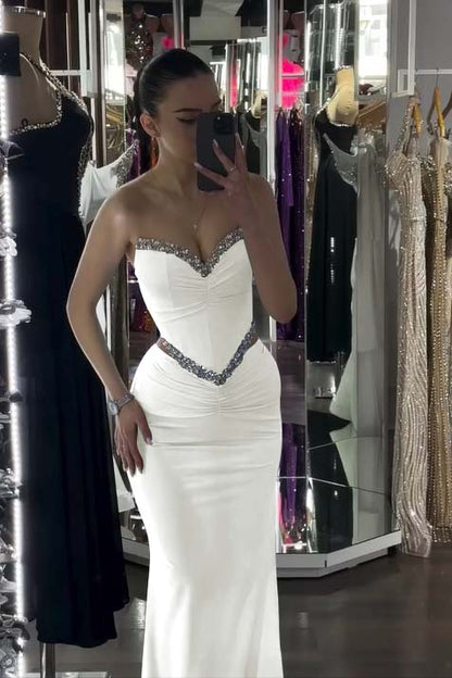 Spandex V-Neck Strapless Sleeveless Long Mermaid Prom Dress With Pleated And Rhinstone
