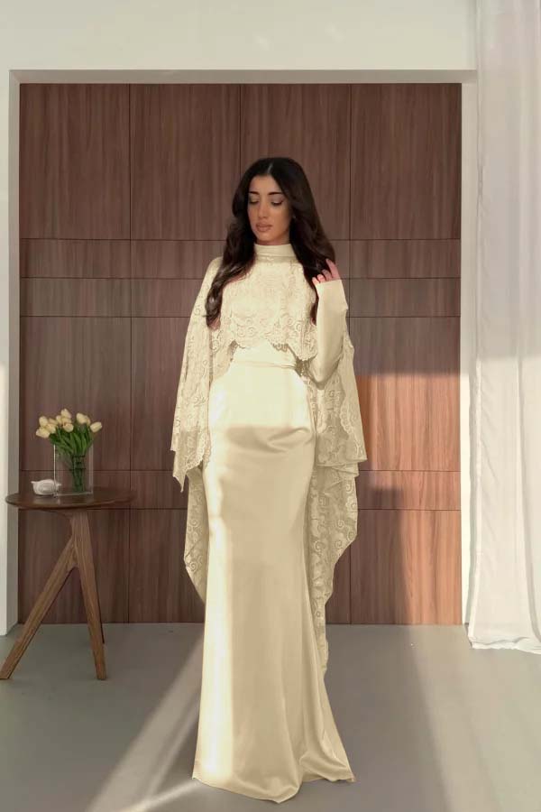 Satin And Lace High Neck Long Sleeves High-Waisted Long Mermaid Prom Dress With Cape