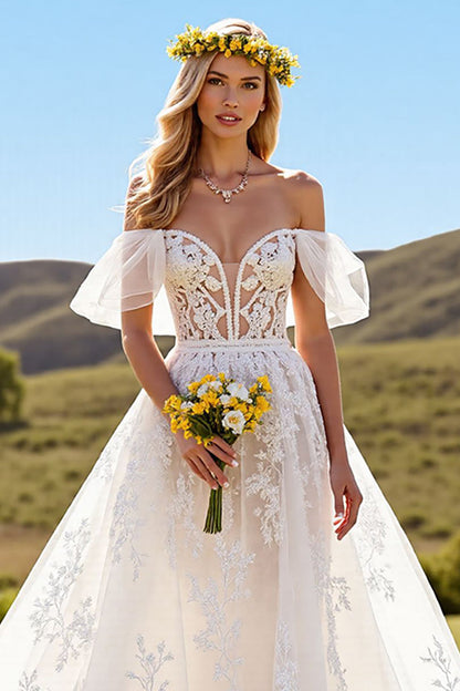 Sweetheart Off-the-Shoulder Tulle Bridal Dresses A-Line Long With Lace Appliques Open Back