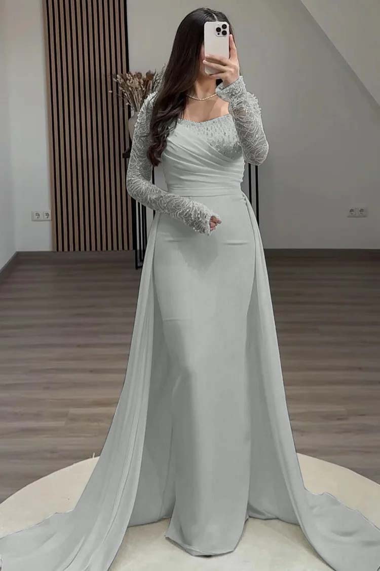 Square Neck Long Sleeves High Waist Long Pleated Mermaid Prom Dress With Beadings And Ruffles