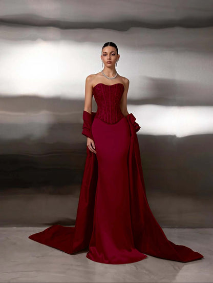 Satin Strapless Sleeveless Long Mermaid Prom Dress With Ruffles And Sequins
