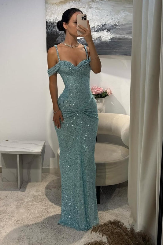 Off the Shoulder Sleeveless Long Mermaid Prom Dress With Sequins