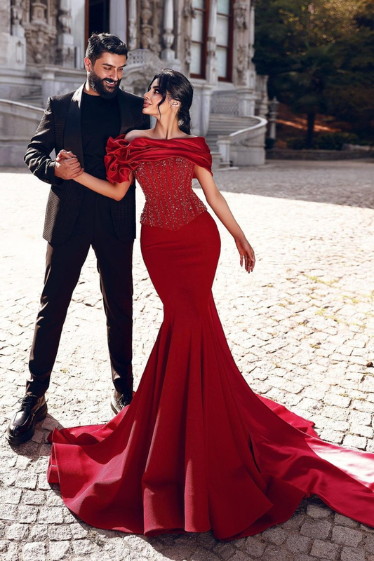 Off-The-Shoulder Strapless Sleeveless Long Mermaid Prom Dress With Ruffles And Pleated