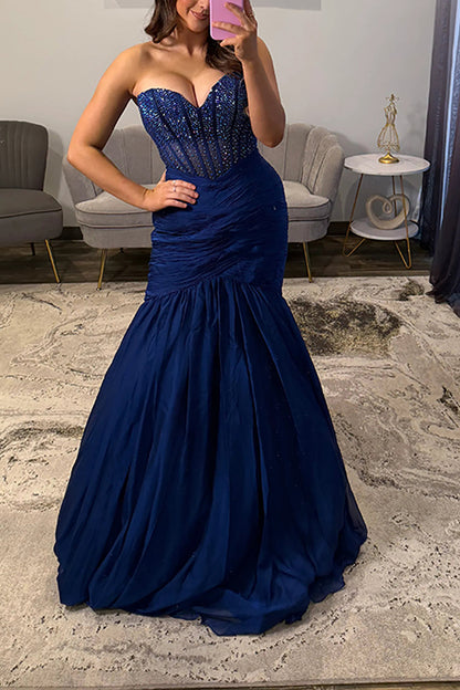 Mermaid Sweetheart Navy Blue Satin Long Prom Dresses with Beadings