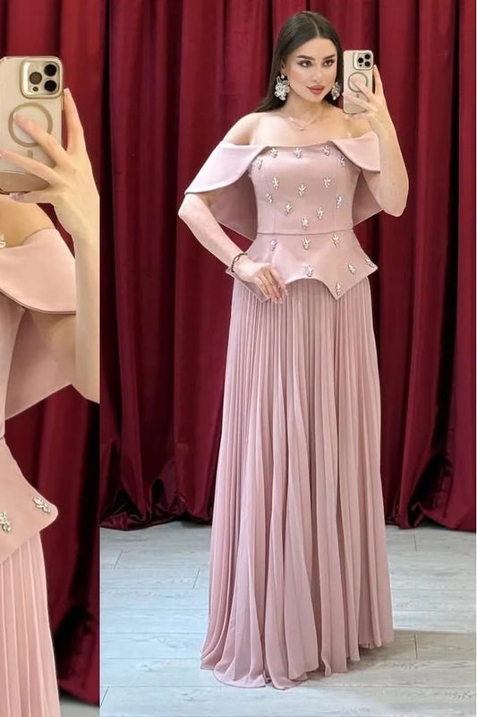 Off The Shoulder Sleeveless Long Prom Dress With Beading