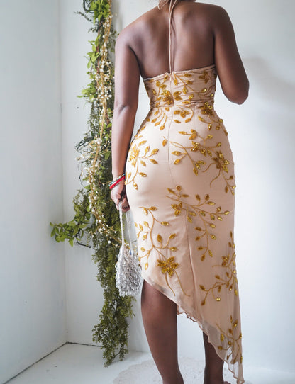 Vintage Tan and Gold Silk Floral Beaded Halter Dress