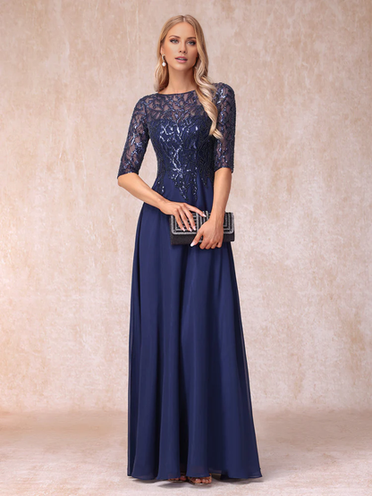 Transparent Collar Half Sleeve Long with Beads and sequins Mother of the bride dress