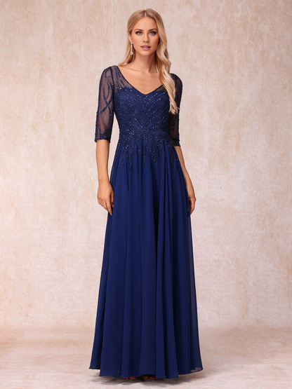 V-neck Half Sleeve Long Formal Bead Decoration Mother of the bride Dress