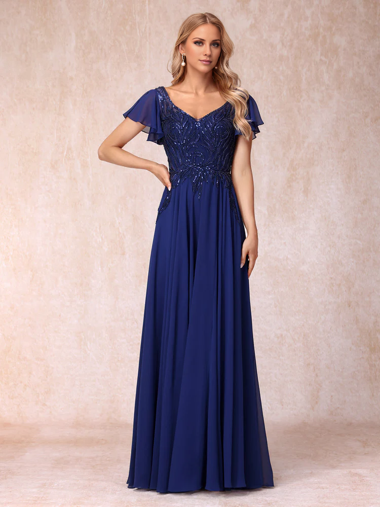 V-neck short sleeved long formal mother of the bride dress