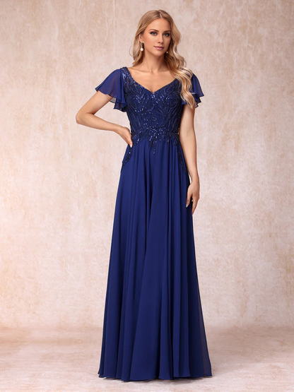 V-neck short sleeved long formal mother of the bride dress
