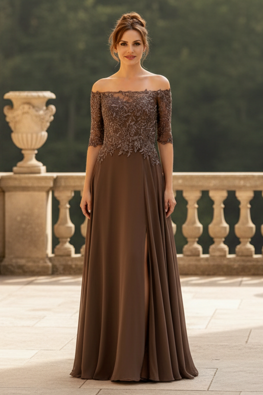 A-Line Off-The-Shoulder 1/2 Sleeves Mother Of The Bride Dresses With Split Front