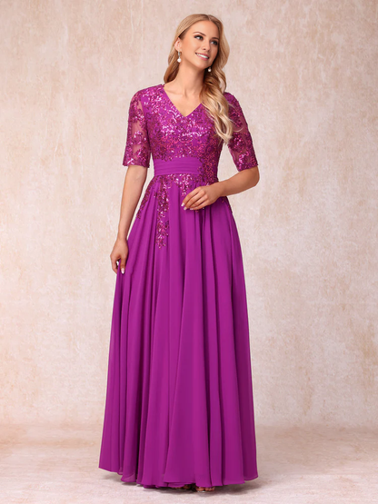 V-neck half sleeved shiny long style official mother of the bride dress