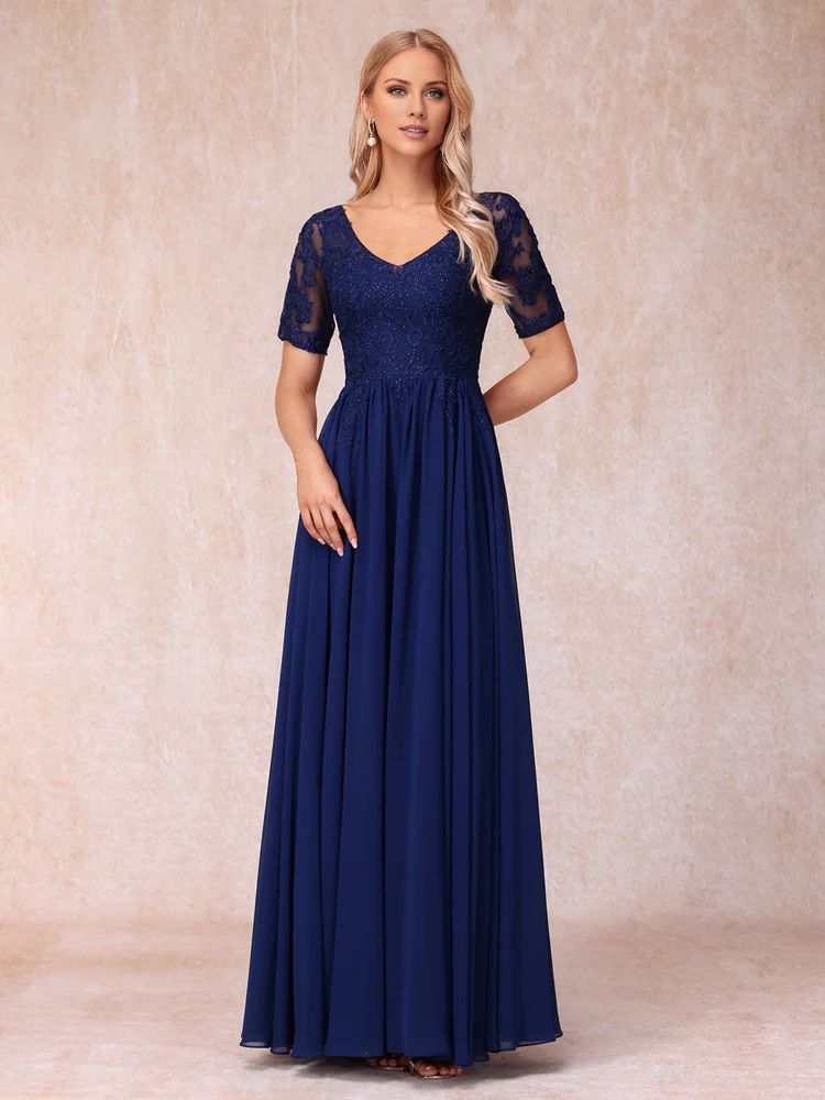 V-neck short sleeved long formal mother of the bride dress