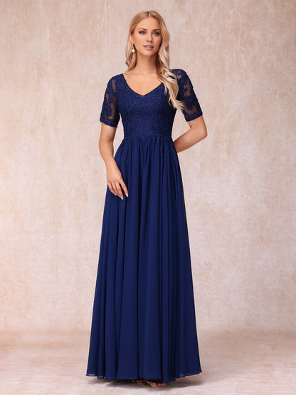 V-neck short sleeved long formal mother of the bride dress