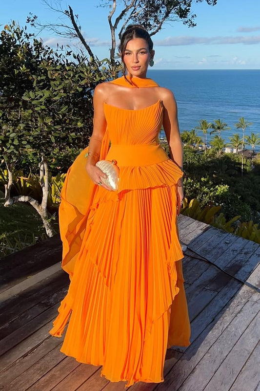 Chiffon Strapless Sleeveless Long Prom Dress With Pleated Scarf