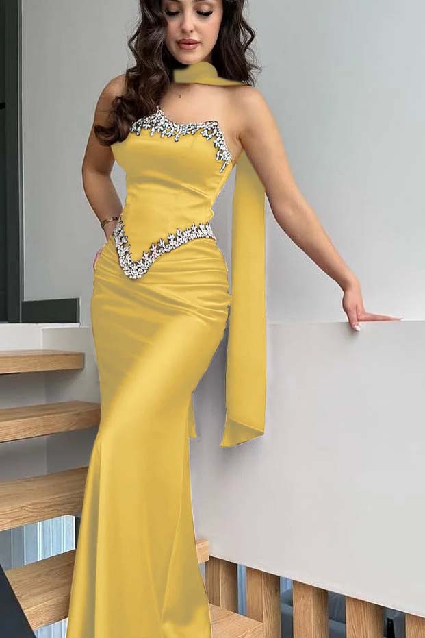 Satin Strapless Sleeveless Long Mermaid Pleated Prom Dress With Ruffles And Appliques