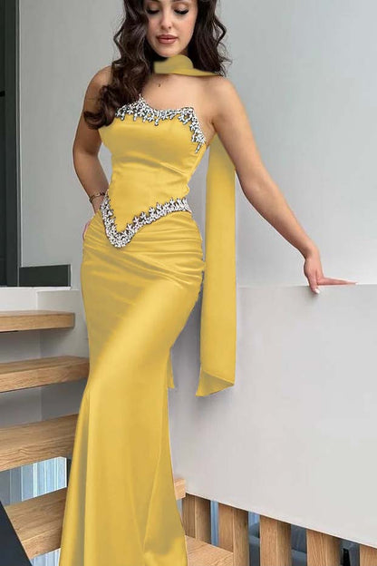 Satin Strapless Sleeveless Long Mermaid Pleated Prom Dress With Ruffles And Appliques