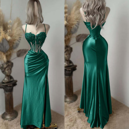Sweetheart Spaghetti Straps Sleeveless Long Pleated Mermaid Prom Dress With Split And Rhinstone