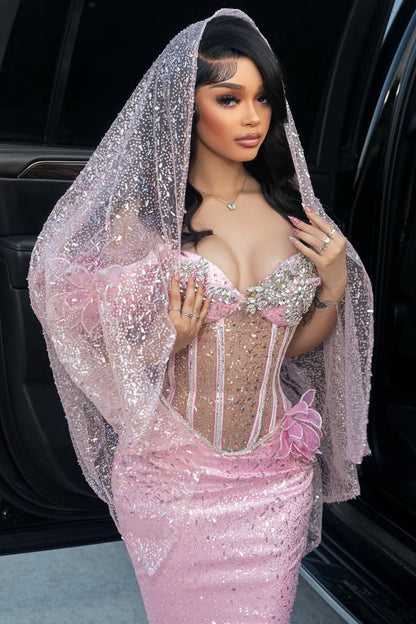 Pink Sweetheart Off-the-Shoulder Mermaid Sequins Prom Dress With Beads