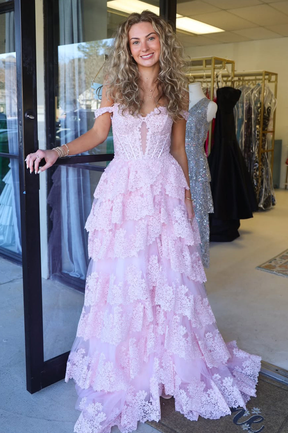 Gorgeous A Line Off the Shoulder Light Pink Tiered Tulle Prom Dress with Slit