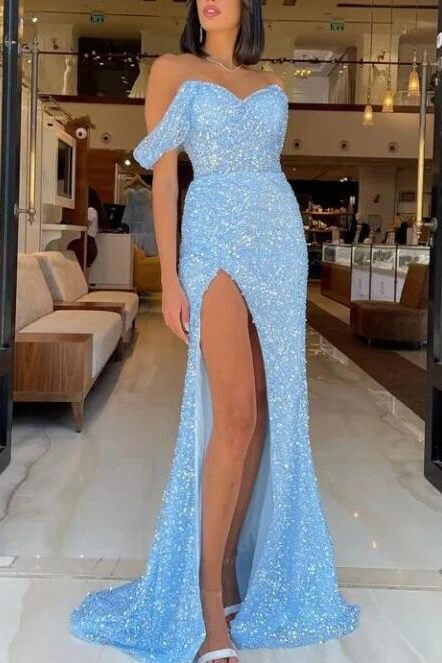 Off the Shoulder Sleeveless Sequins Sparkle Mermaid Side Slit Evening Dress