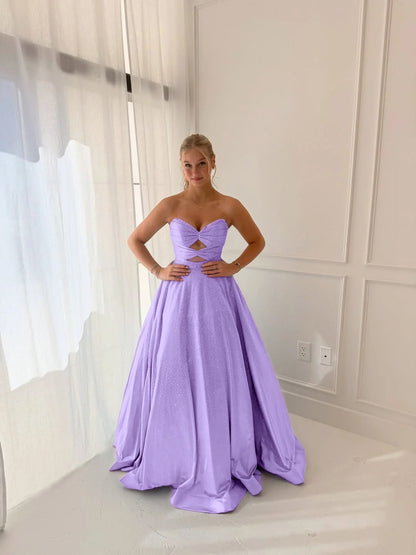 Satin V-Neck Strapless Sleeveless Long A-Line Prom Dress With Pleated And Rhinstone