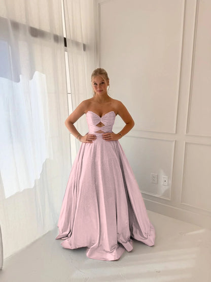 Satin V-Neck Strapless Sleeveless Long A-Line Prom Dress With Pleated And Rhinstone