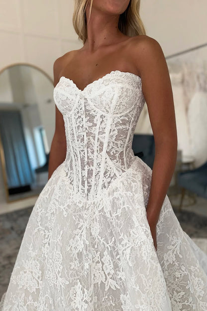Bohemian A Line Sweetheart Lace Wedding Dress