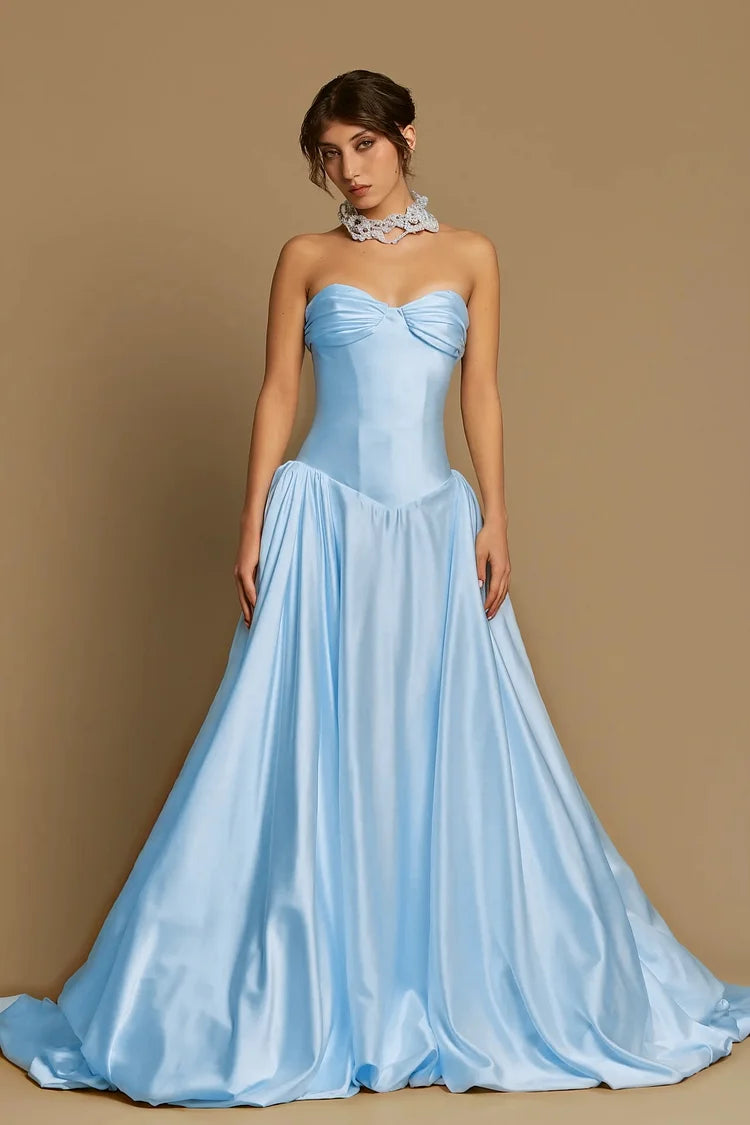 Satin Sweetheart Strapless Sleeveless High Waist Long A-Line Prom Dress With Pleated