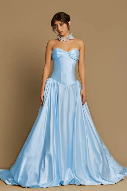Satin Sweetheart Strapless Sleeveless High Waist Long A-Line Prom Dress With Pleated