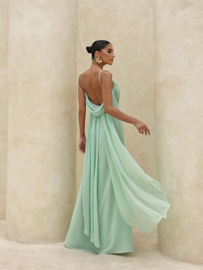 Sage Spaghetti Straps Square Prom Dress Backless with Pleated