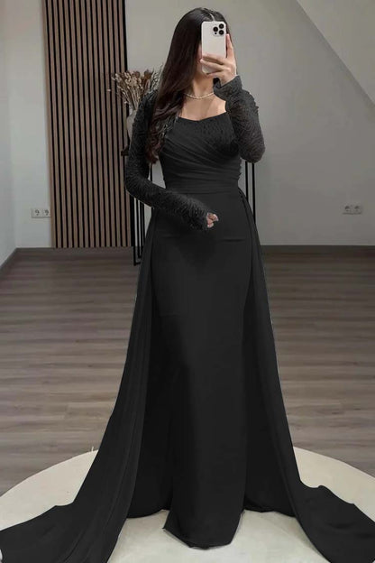 Square Neck Long Sleeves High Waist Long Pleated Mermaid Prom Dress With Beadings And Ruffles