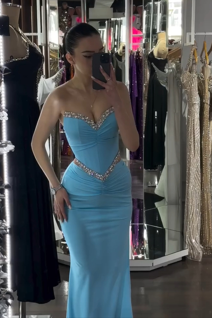 Spandex V-Neck Strapless Sleeveless Long Mermaid Prom Dress With Pleated And Rhinstone