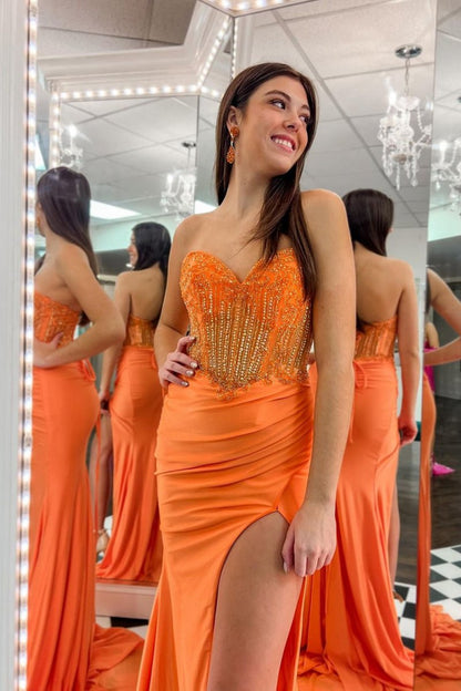 Royal Blue Strapless Beaded Long Prom Dress with Slit