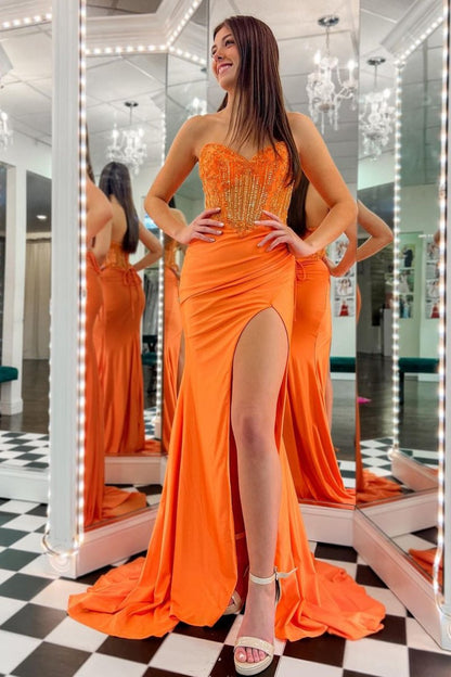 Royal Blue Strapless Beaded Long Prom Dress with Slit