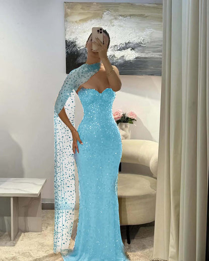 Tulle V-Neck Strapless Sleeveless Long Mermaid Prom Dress With Sequins And Ruffles