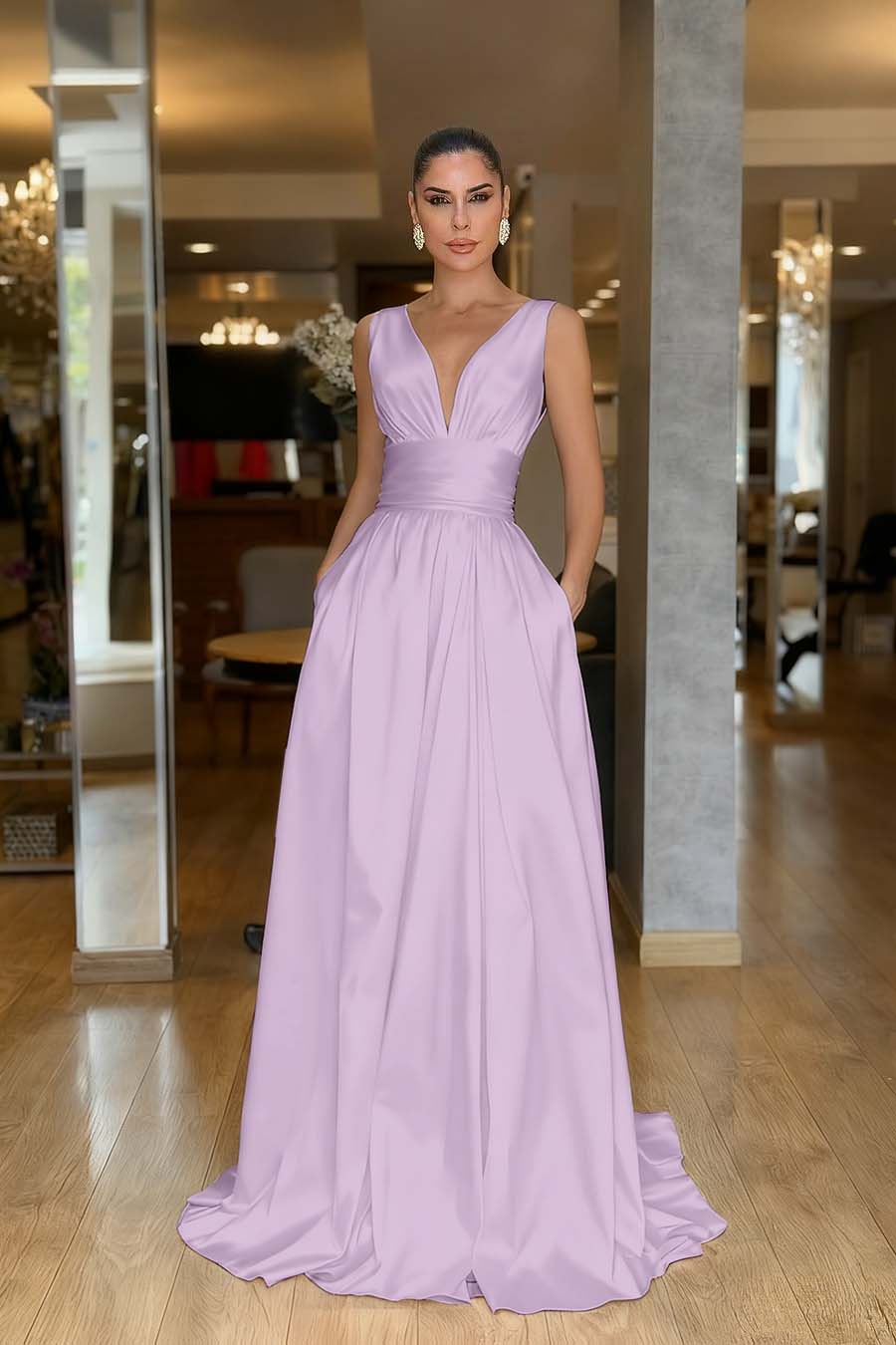 Hidais Straps Sleeveless High Waist Long Prom Dress With Pockets Pleated