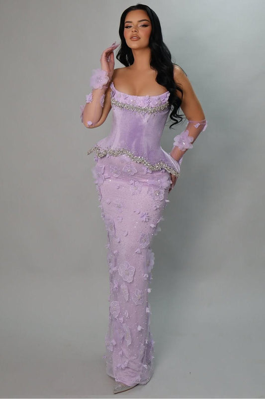 Velvet And Tulle Strapless Sleeveless Long Mermaid Prom Dress With Flower Appliqués And Gloves