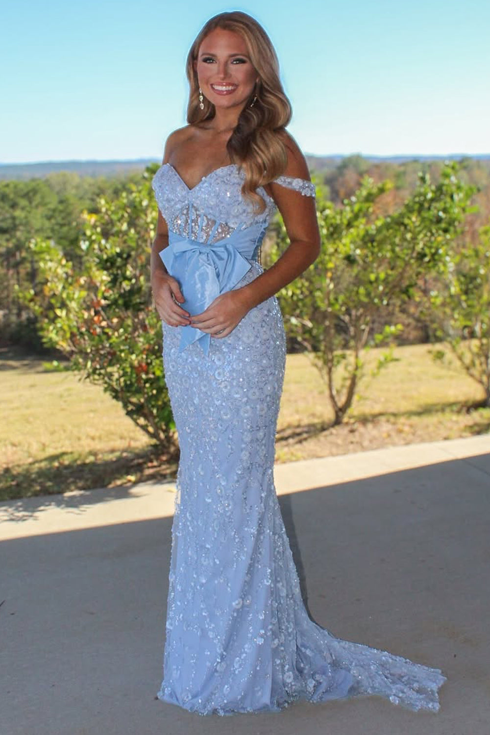 Mermaid Off the Shoulder Corset Light Blue Sequin Appliques Long Prom Dresses with Bow