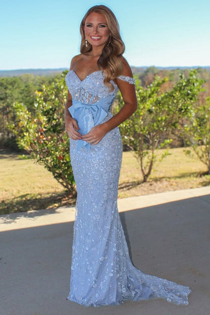 Mermaid Off the Shoulder Corset Light Blue Sequin Appliques Long Prom Dresses with Bow