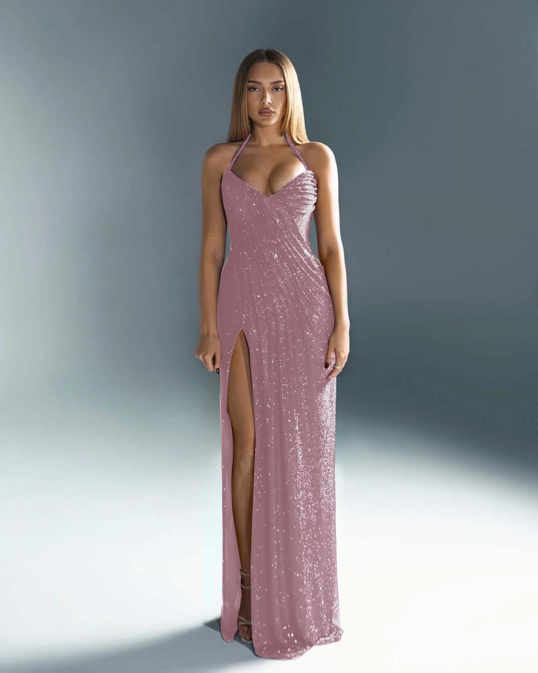 Halter V-Neck Strapless Sleeveless Long Mermaid Prom Dress With Split And Pleated