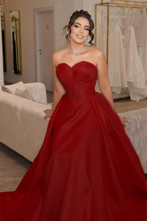 Satin Sweetheart Strapless Sleeveless Long Pleated Mermaid Prom Dress With Corset