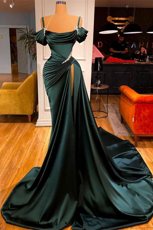 Green Chic Off the Shoulder Beadings Pleated Prom Dress Long With High Split